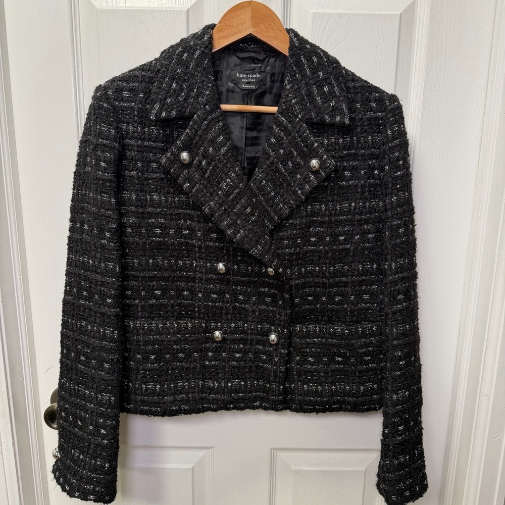 Kate Spade New York, Black Tweed Jacket, Size 12, Textured Blazer - Picture 2 of 9